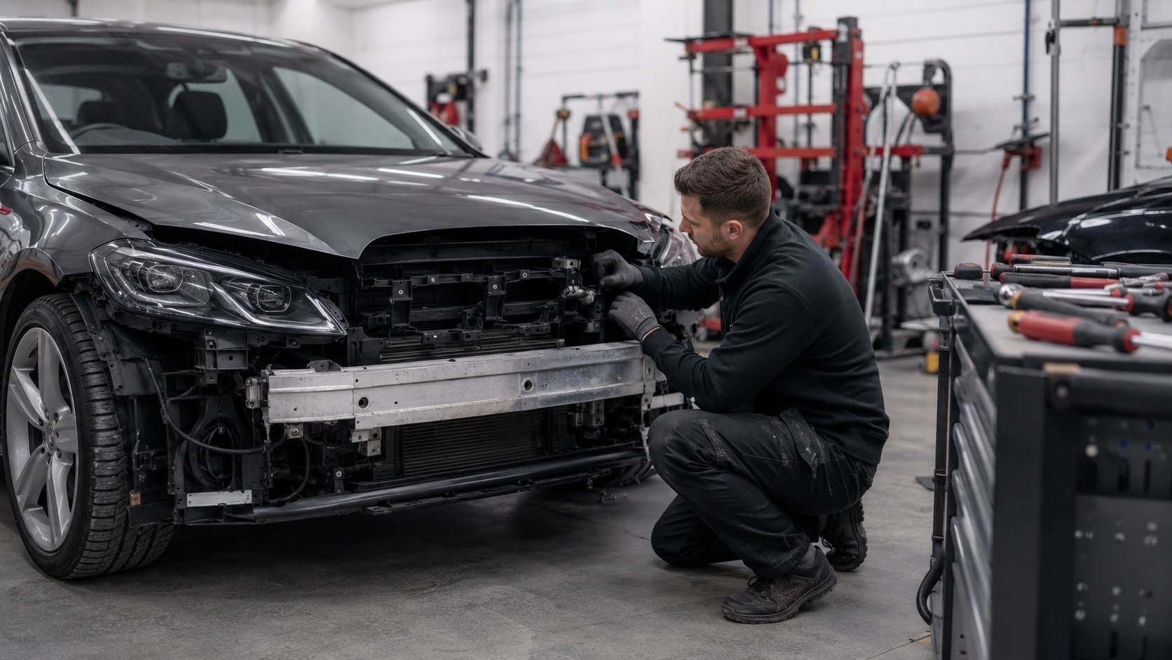 Accident-damaged car being repaired in the AS No1 Body Work workshop in Edmonton
