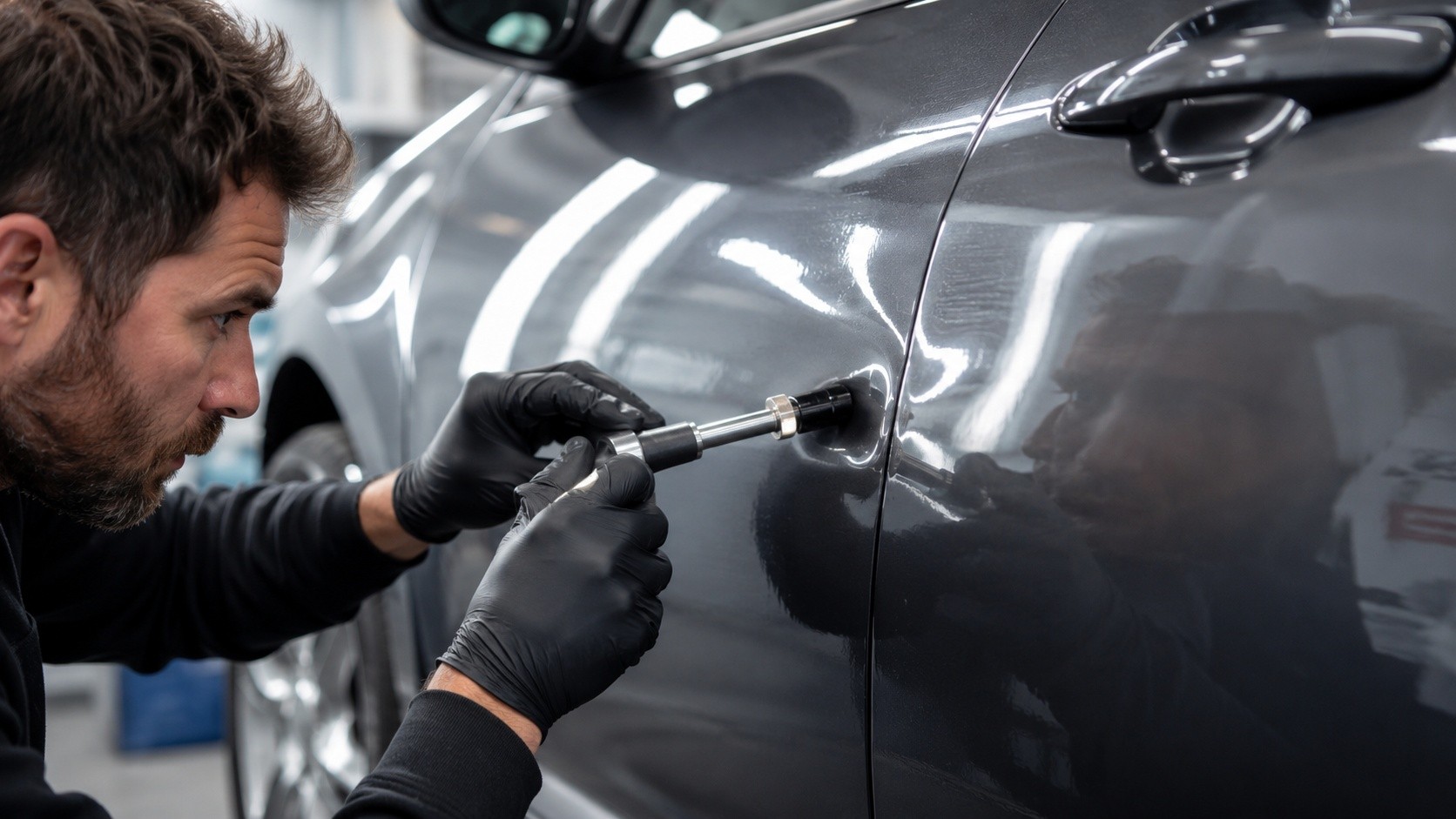 Dent repair on a car panel at AS No1 Body Work