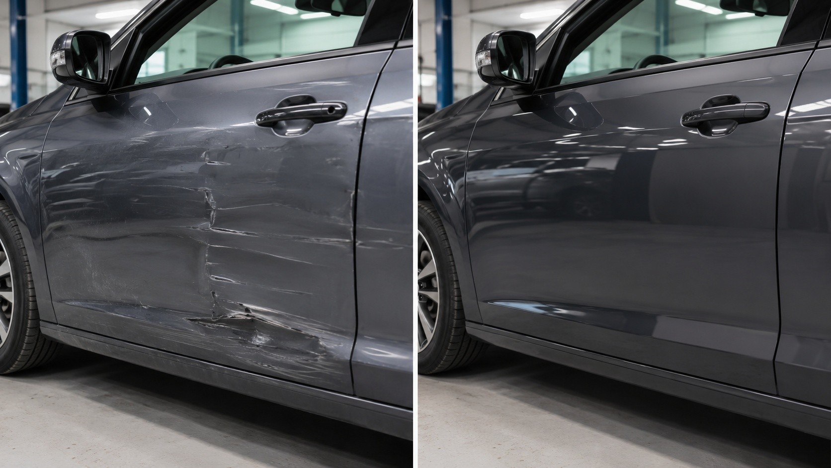 Before and after comparison of a dent repair at AS No1 Body Work