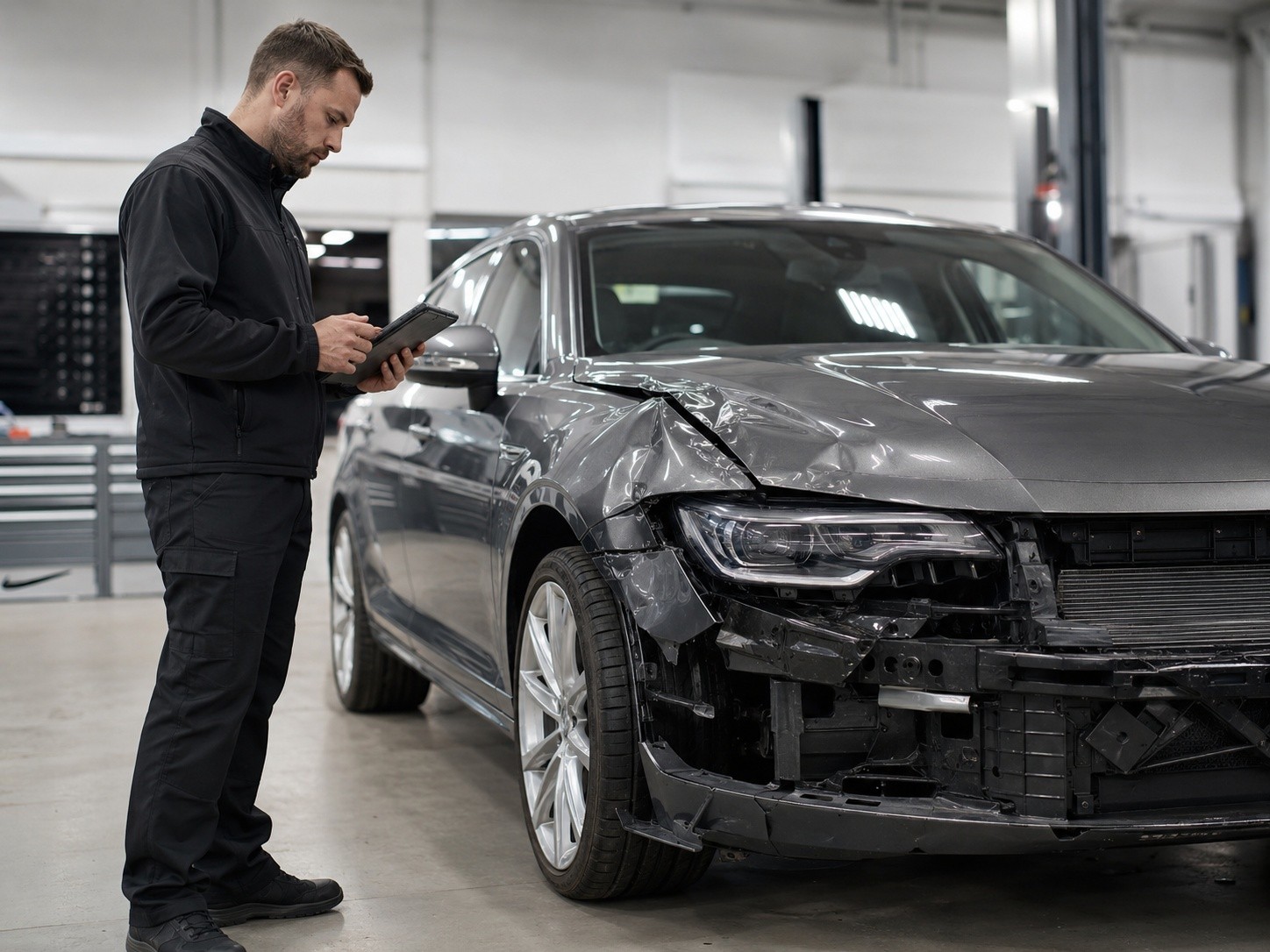 Assessing and photographing vehicle damage for an estimate at AS No1 Body Work