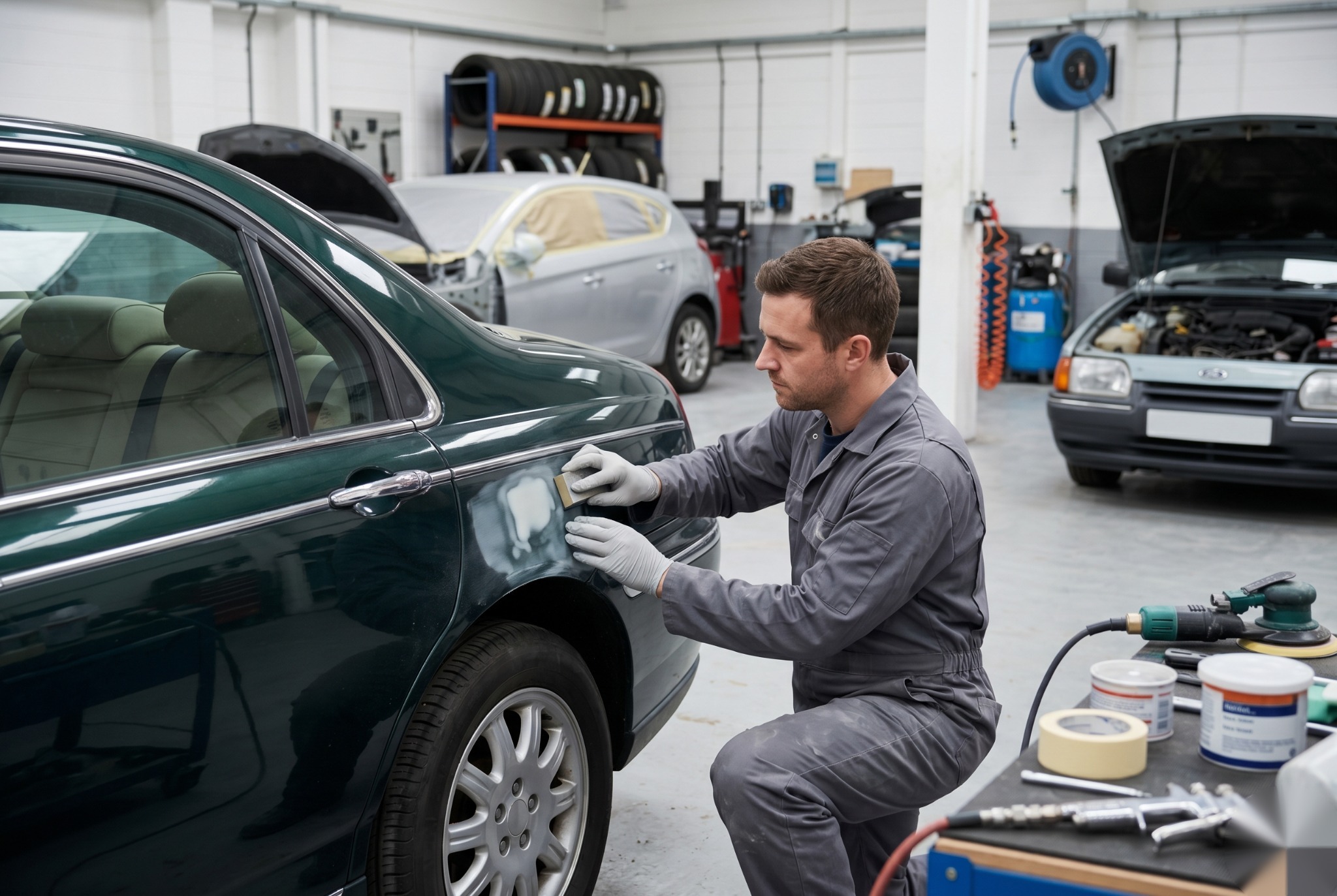 AS No1 Body Work technician preparing a car panel for paint